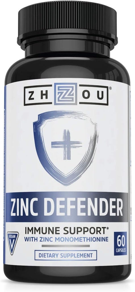 Zhou çinko Defender - Erkekler ve kadınlar için çinko Supplements, Immune Health ve Mineral Desteği için 30 mg, Pure Vegan Formula - 60 Capsules