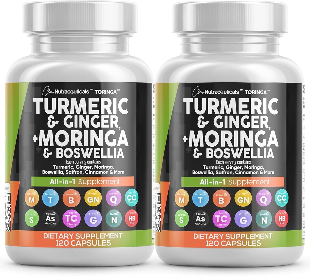 Turmeric Moringa Supplement | Ginger Boswellia Saffron - Ceylon Cinnamon, Tart Cherry, Quercetin Garlic Nettle Holy Basil - 2Pack