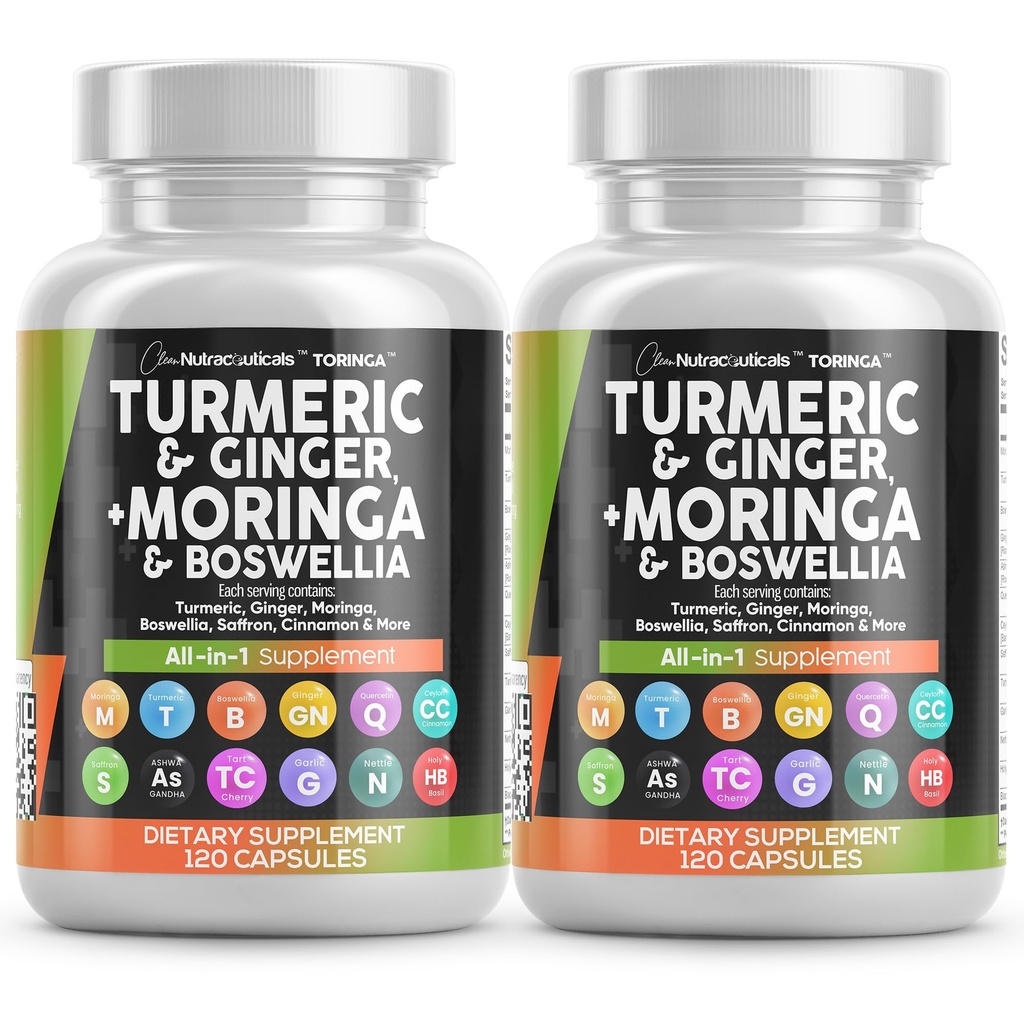 Turmeric Moringa Supplement | Ginger Boswellia Saffron - Ceylon Cinnamon, Tart Cherry, Quercetin Garlic Nettle Holy Basil - 2Pack