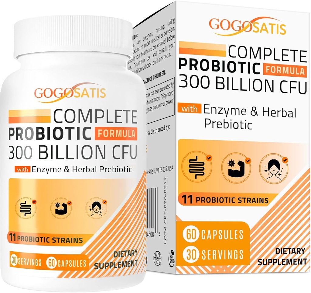 Kadınlar ve erkekler için probiyotikler, 300 milyar CFU 11 Strains + Organik Herbal & Digestive Enzymes, Probiyotik for Digestive Health, Gas & Bloating, Immune, Gut Health for Women & Men, Raf Stable, 60 Caps