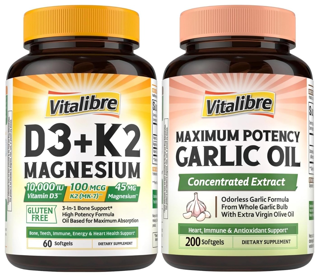 Vitalibre D3 K2 with Magnesium Glycinate (Bone & Energy) + Odorless Garlic Oil (Heart & Immune) – Non-GMO, Gluten-Free – 60+200 Softgels