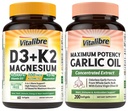 Vitalibre D3 K2 with Magnesium Glycinate (Bone & Energy) + Odorless Garlic Oil (Heart & Immune) – Non-GMO, Gluten-Free – 60+200 Softgels
