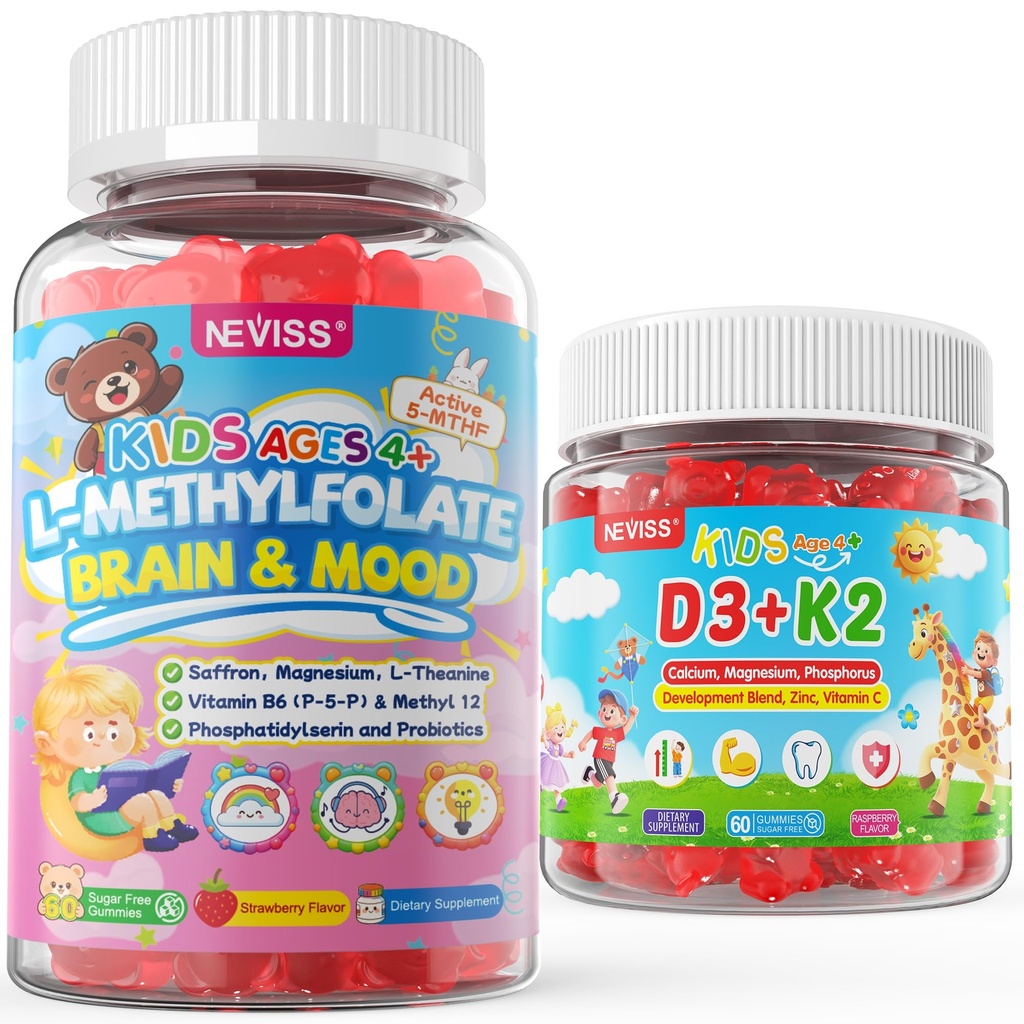 NEVISS Sugar Free Kids D3 K2 Gummies 2 Pack + Kids L-Methylfolate Gummies 2 Pack