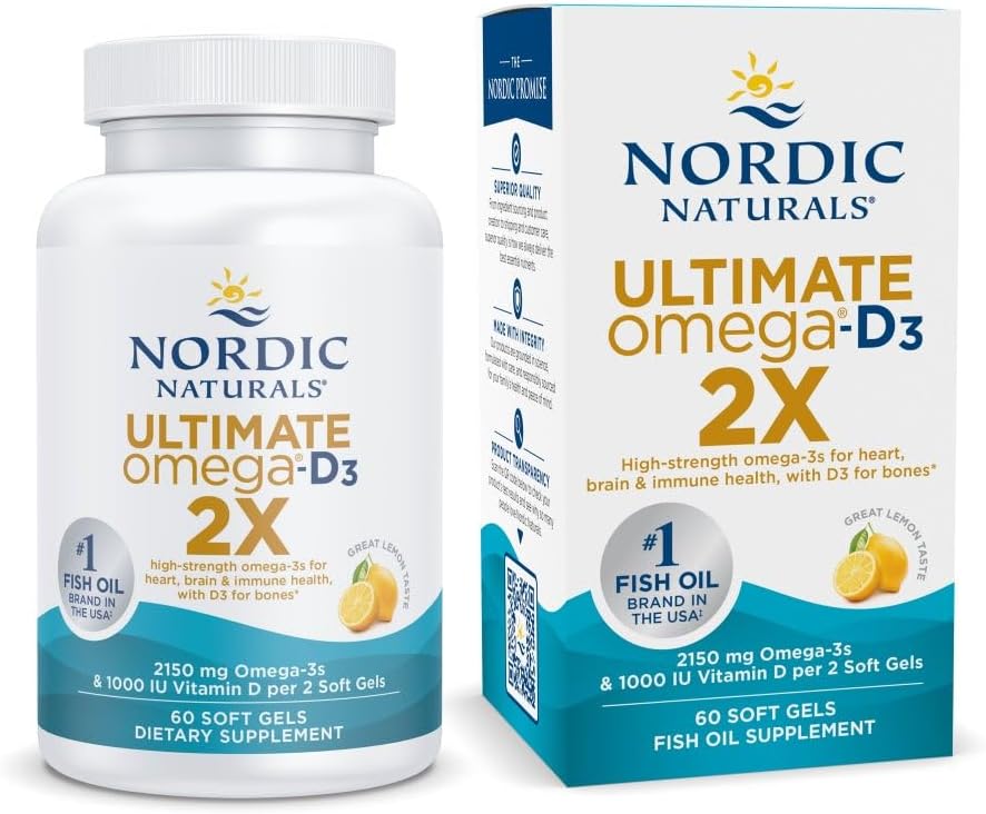 Kuzey Naturals Ultimate Omega 2X Vitamin D3, Lemon Flavor - 60 Soft Gels - 2150 mg Omega-3 + 1000 IU D3 - EPA & DHA - Beyin, Kalp ve Immune Health - 30 Hizmet