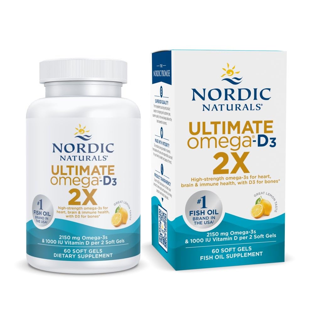 Kuzey Naturals Ultimate Omega 2X Vitamin D3, Lemon Flavor - 60 Soft Gels - 2150 mg Omega-3 + 1000 IU D3 - EPA & DHA - Beyin, Kalp ve Immune Health - 30 Hizmet
