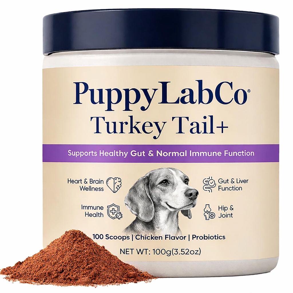 Puppy Lab Co Turkey Tail, PuppyLabCo Turkey Tail Mushroom for Dogs, Turkeytail Mushroom + Probiotics Powder Supplement, Chicken Flavor, Gut & Immune Supports, 100g (1)