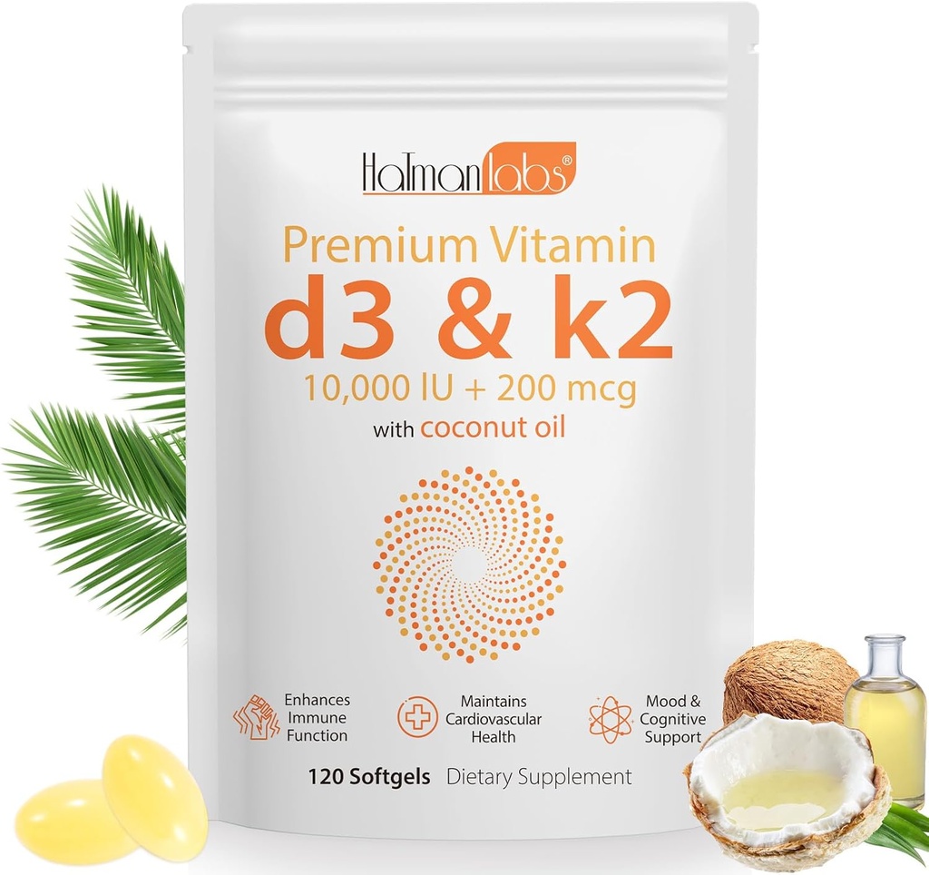 D3 C2 Supplement Softgel,2-in-1 Mikro Malzemeler D3 10000 IU + 200 MCG Vitamin K2,Coconut Oil Softgels,Free of GMO, Supplement Softgel (120Pcs)