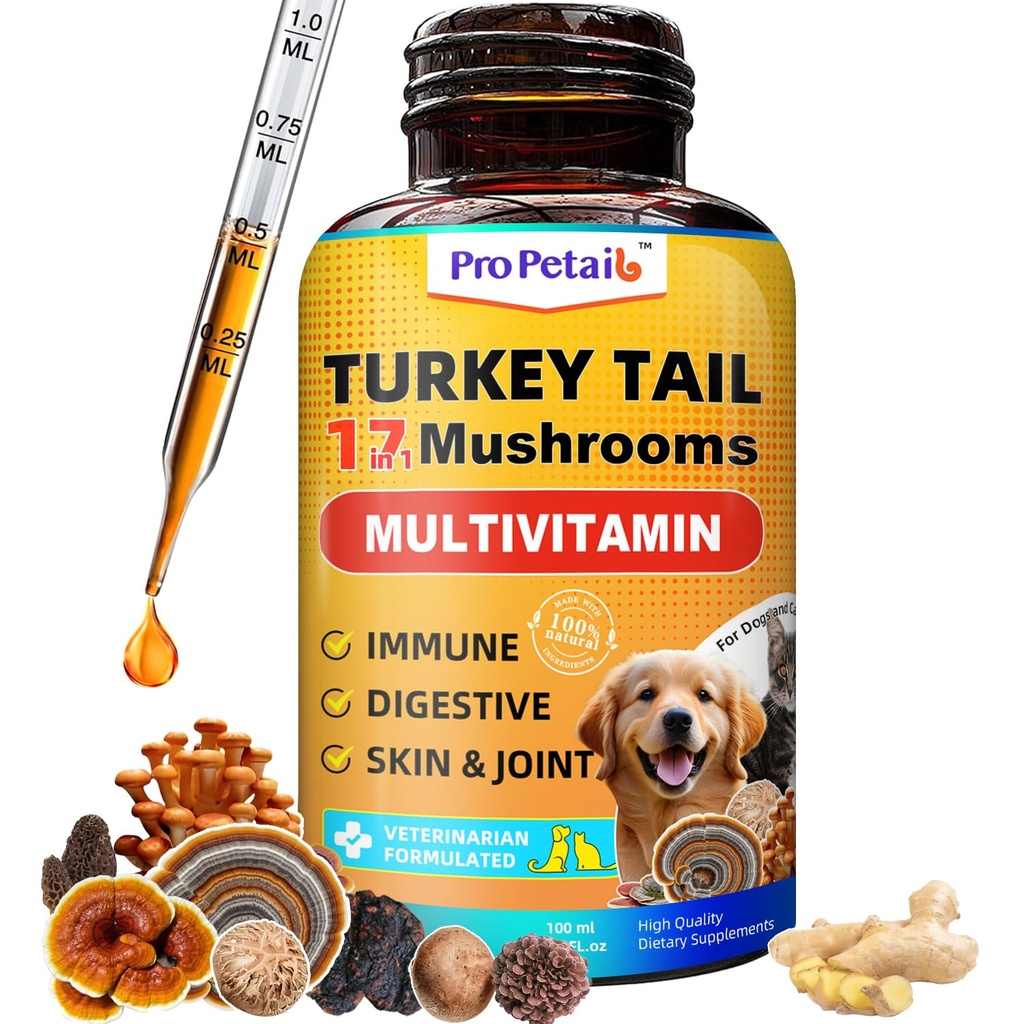 Turkey Tail Mushroom Liquid for Dogs 3000mg - Highly Concentrated Formula Support for Itch, Wart, Lumps Lipoma - Mushroom Extract Blended with Turmeric, 2B Probiotics & 10 Vitamins for All Dogs & Cats