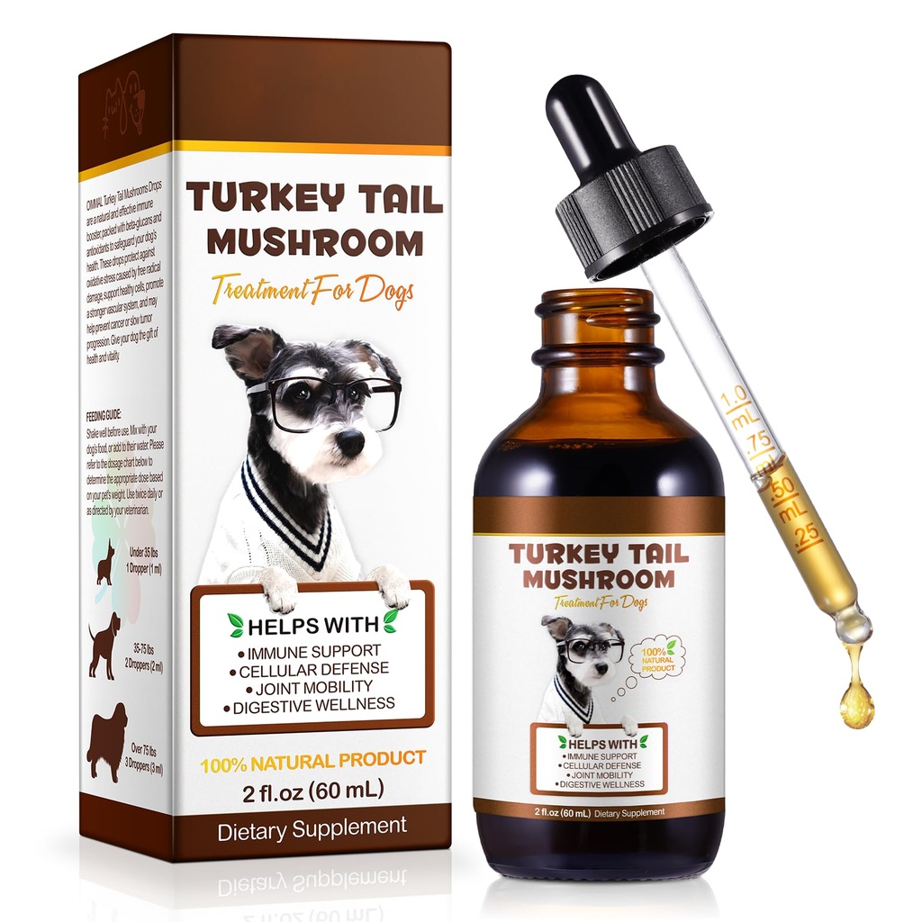 Turkey Tail Mushroom for Dogs, Dog Mushroom Supplement, Mushroom Drops for Dogs, Support Immune Health, Digestive & Joint Mobility, Wild Mushroom Supplement for Dog, Easy to Absorbed 2 fl oz