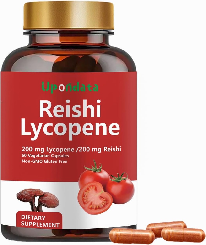 Lycopene Capsules, Natural Lycopene 200 mg with Organic Reishi Mushroom 200mg Supplement for Prostate Health and Immune Support - Gluten-Free, Non-GMO, 60 Capsules (1 Pack)