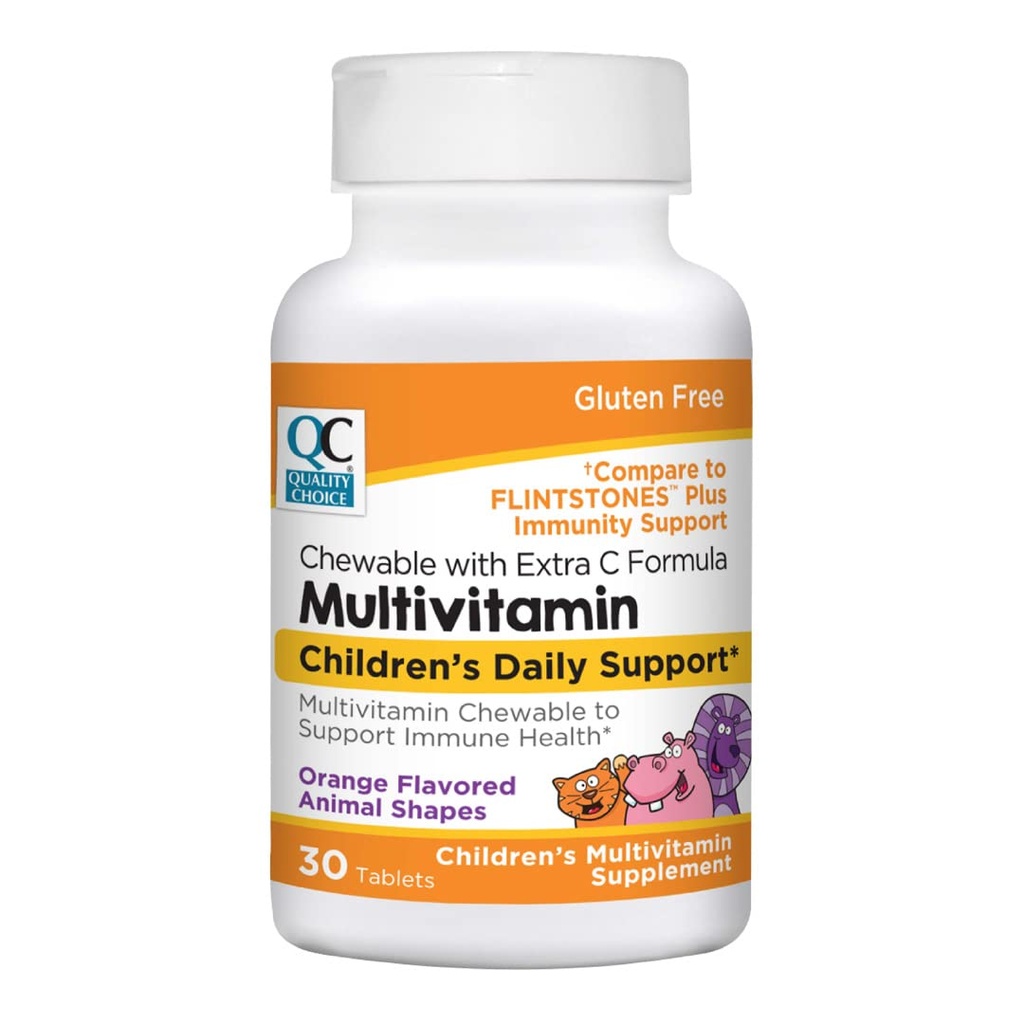 Quality Choice, Chewable Animal Shape's Children's Multivitamin with Extra Vitamin C, Children's Daily Support Orange Flavored Multivitamin Immune Health Supplement, 30 Count Bottle