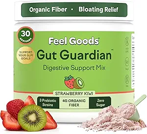 Feel Goods Gut Guardian, Organic Fiber, Probiotic & Prebiotic Powder, Sugar Free, Herbs for Bloat, Gut Health Support, Digestive Health for Men & Women, Non GMO, Vegan, Strawberry Kiwi, 30 Servings