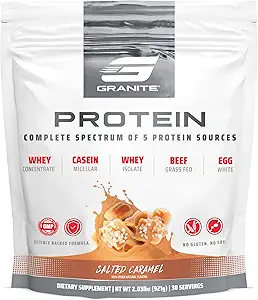 Granit Beslenme proteini Toz - Premium 5-Kaynak Öpücü (Whey, Casein, Egg, Grass-Fed Beef) Lean Muscle ve Recovery için - Salted Caramel Flavor, 30 Hizmet