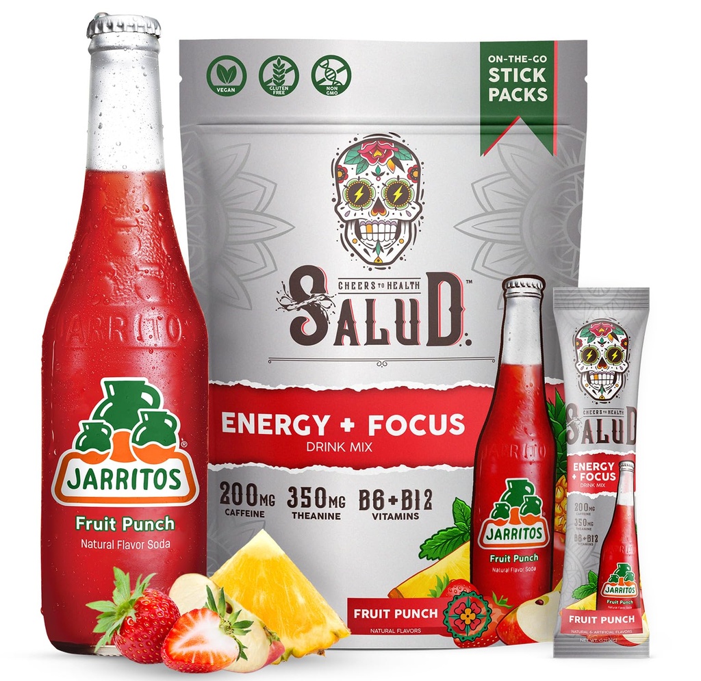 Salud x Jarritos 2-in-1 Energy Drink Powder + Focus, Fruit Punch, Organic Caffeine, B6 + B12, Theanine, Clean Energy Drink Packets, Agua Fresca Mix, Non-GMO, Gluten Free, 1g of Sugar, (15 Servings)