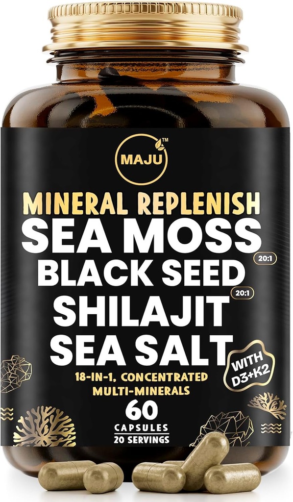 Maju Superfoods 18-σε-1 Sea Moss, Black Seed, Shilajit, Sea Salt + D3 & K2, συμπυκνωμένα εκχυλίσματα, Trace Multi Mineral Capsles, για Άνδρες & Γυναίκες Συμπληρώματα Ορυκτών Ηλεκτρολυτών
