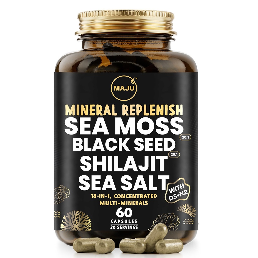 Maju Superfoods 18-in-1 Sea Moss, Black Seed, Shilajit, Sea Salt + D3 & K2, Yoğun Türler, Trace Multi Mineral Capsules, for Men & Women Mineral Electrolytes Supplements