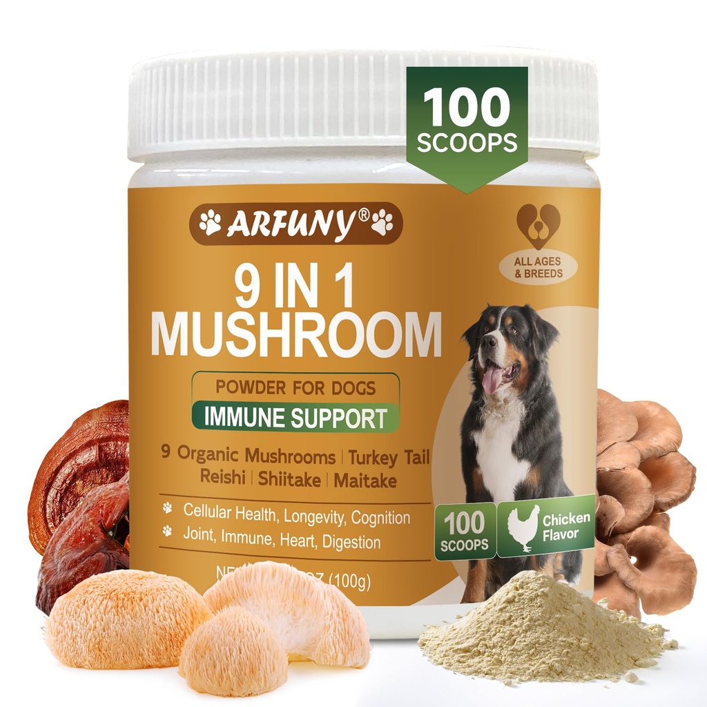 Mushroom for Dogs - Turkey Tail for Dogs - 9 Organic Mushroom Supplement with Turkey Tail, Reishi, Lions Mane - Hip & Joint, Skin & Coat, Digestive, Cellular, Immune Health Support - Chicken Flavor
