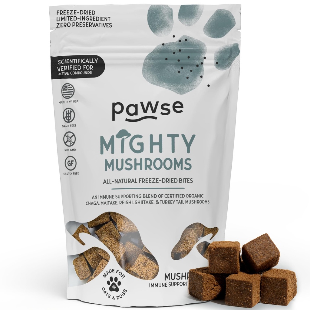Pawse Mighty Mushroom Chews Supplement for Dogs & Cats | Blend of Turkey Tail, Reishi, Chaga, Maitake & Shiitake | for Immune System, Lumps & Bumps, Gut Health & Skin Support | 60 Chews