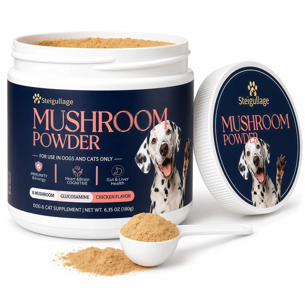 Dog Mushroom Supplement Powder, 180g / 6.35 oz, Turkey Tail Mushroom for Dogs, 8 Mushroom Powder for Dogs with Reishi, Lion’s Mane, Chaga & Shiitake, 90 Scoops, Immune Support, Chicken Flavo