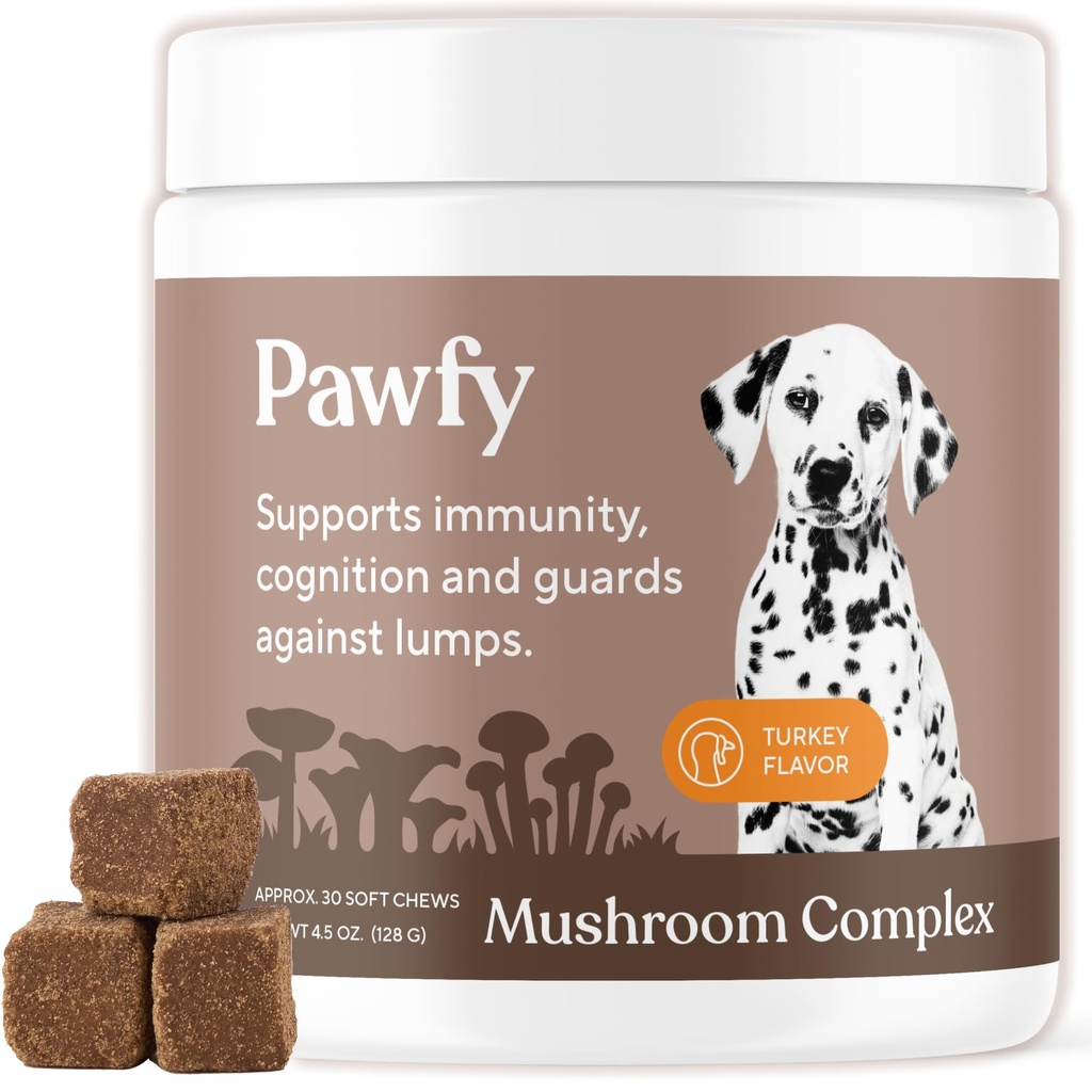 Pawfy Turkey Tail Mushroom Chews for Dogs with Lion’s Mane, Reishi & Adaptogen Blend | Mushroom Complex Dog Supplement | Supports Immune, Brain, Lumps and Bumps & Daily Wellness | 30 Soft Chews