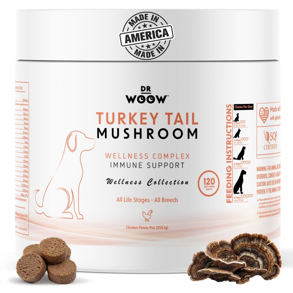 Turkey Tail Mushroom Chews for Dogs (120 Soft Chews) – Immune Support & Gut Health – 7 Mushroom Blend, Salmon Oil & Probiotics – Daily Wellness Supplement – Made in USA – Dr. Woow