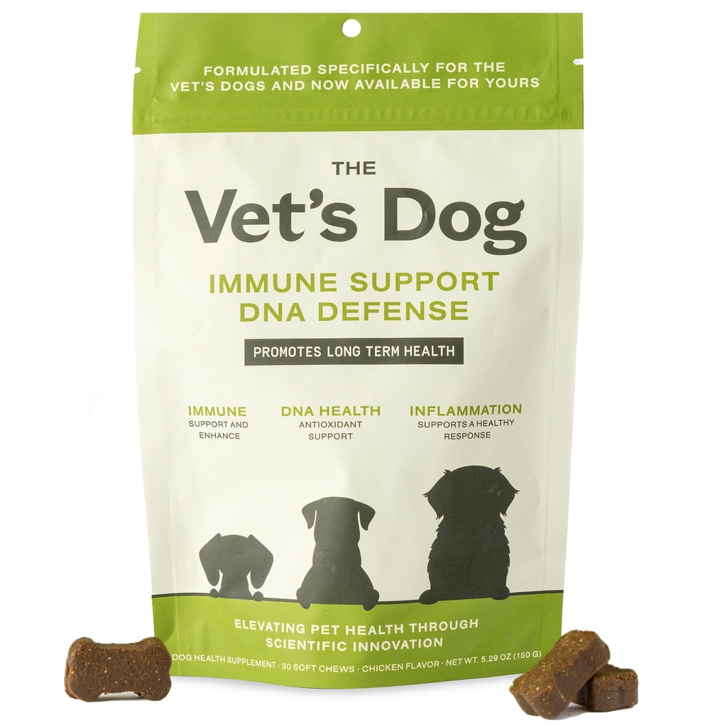 The Vet's Dog Immune Support DNA Defense Chews, Dog Allergy and Immune Chews + Hip and Joint Supplement for Dogs, Organic Turkey Tail Mushroom, Turmeric, Barley Grass, Chicken Liver Flavor (30 Count)