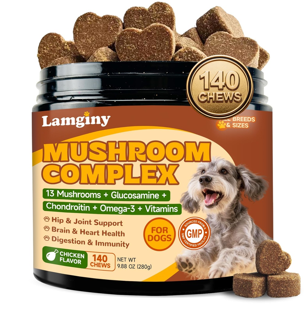 Mushroom Chews for Dogs, Turkey Tail Mushroom for Dogs, Immune Health, Digestive, Skin, Energy, Joint Support, 13 Organic Mushroom Complex with Shiitake, Maitake, Reishi, Lion's Mane, 140 Chews