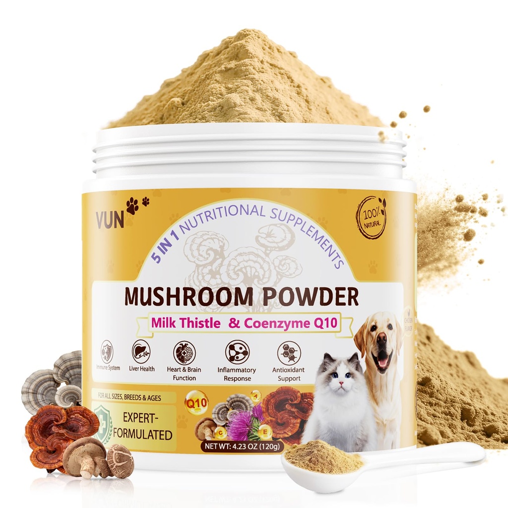 VUN Turkey Tail Mushroom for Dogs, Mushroom Powder for Dogs & Cats Lipoma for Immune,Heart,Liver,Antioxidant Daily Wellness Supplement with Reishi & Shiitake Blend-120g