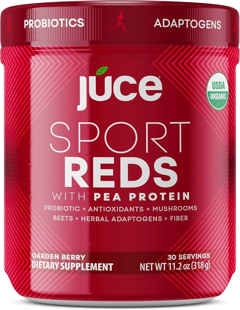 Juce Sports Reds Superfood Powder | Organic Beet Root, Pea Protein, Mushrooms & Antioxidant Berry Blend | Supports Heart Health, Energy & Muscle Recovery | 30 Servings | Non-GMO, Gluten Free