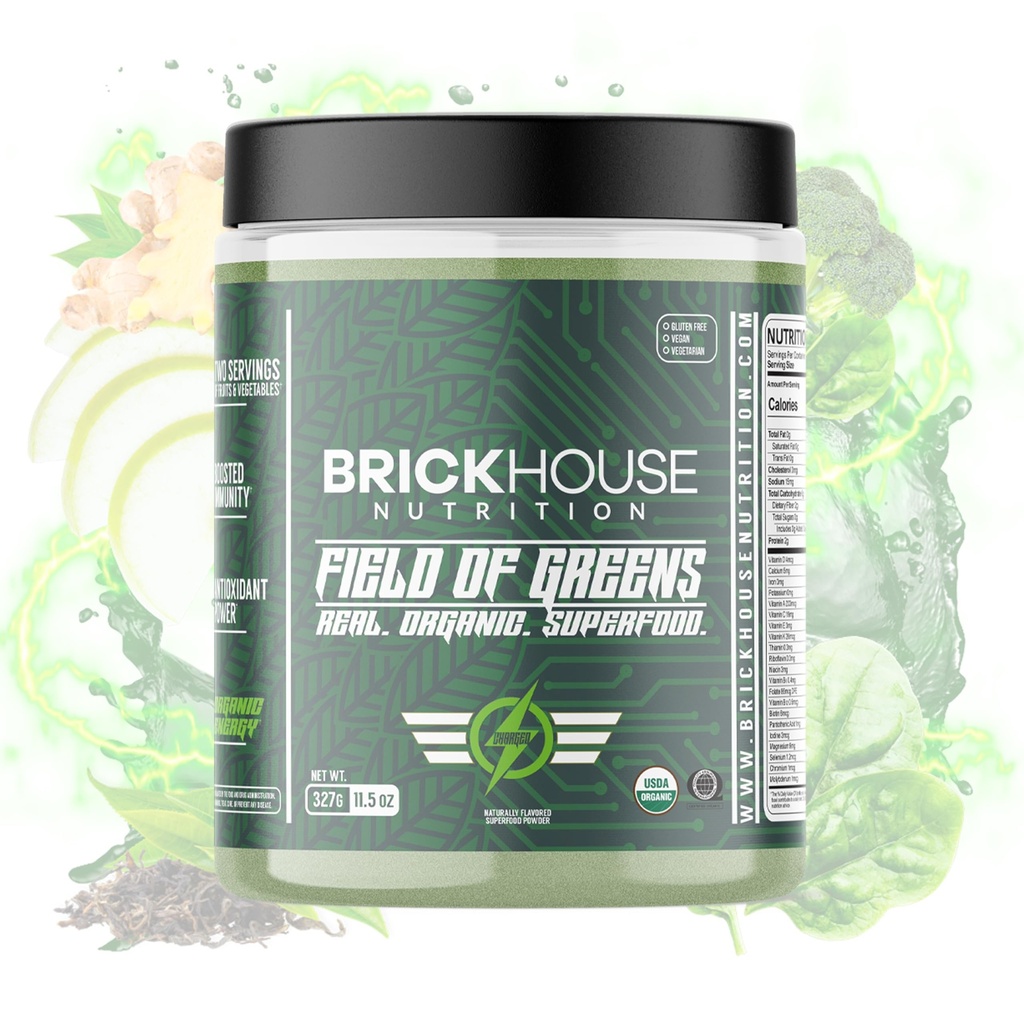 BRICKHOUSE NUTRITION Field of Greens Super Greens Powder | Doctor-Formulated Superfood Powder, Fruits & Veggies Supplement - Charged (Single Pack)