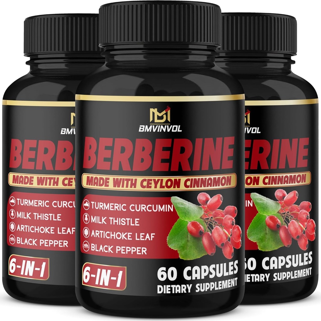 (3 Packs) Berberine Supplement Plus Ceylon Cinnamon, Milk Thistle, Turmeric, Artichoke Leaf, Black Peppe - 6 Ay Supply - 180 Capsules Total