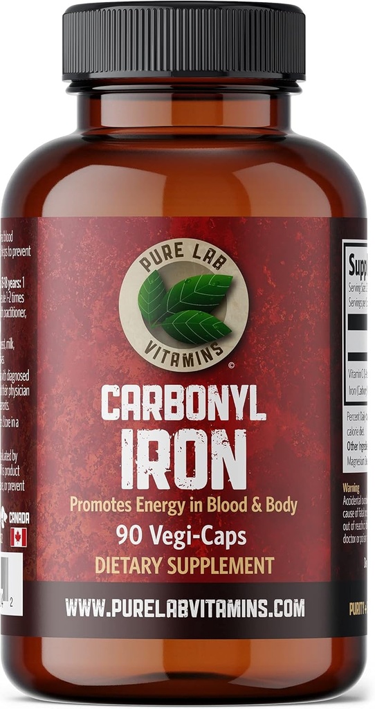 Pure Lab Vitamins Carbonyl Iron - 90 Vegan Caps Μοναδική διαμόρφωση του μεταλλικού σιδήρου με VIT C, Superior βιοδιαθεσιμότητα - Μη-Συντηρητικό, Υποστηρίζει τον σχηματισμό ερυθρών κυττάρων αίματος που γίνονται στον Καναδά