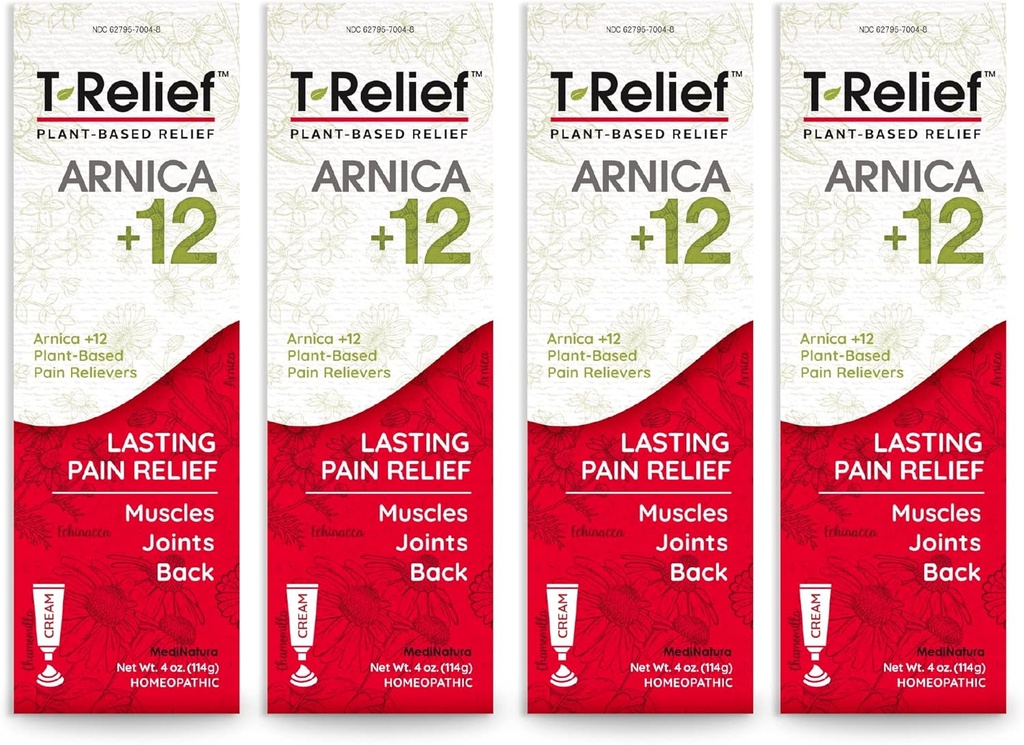T-Relief Arnica +12 Cream Natural Relieving Actives for Back Pain Common Soreness Muscle Aches & Stiffness, Whole Body Fast Acting Relief for Women & Men - 4 oz (4 Pack)