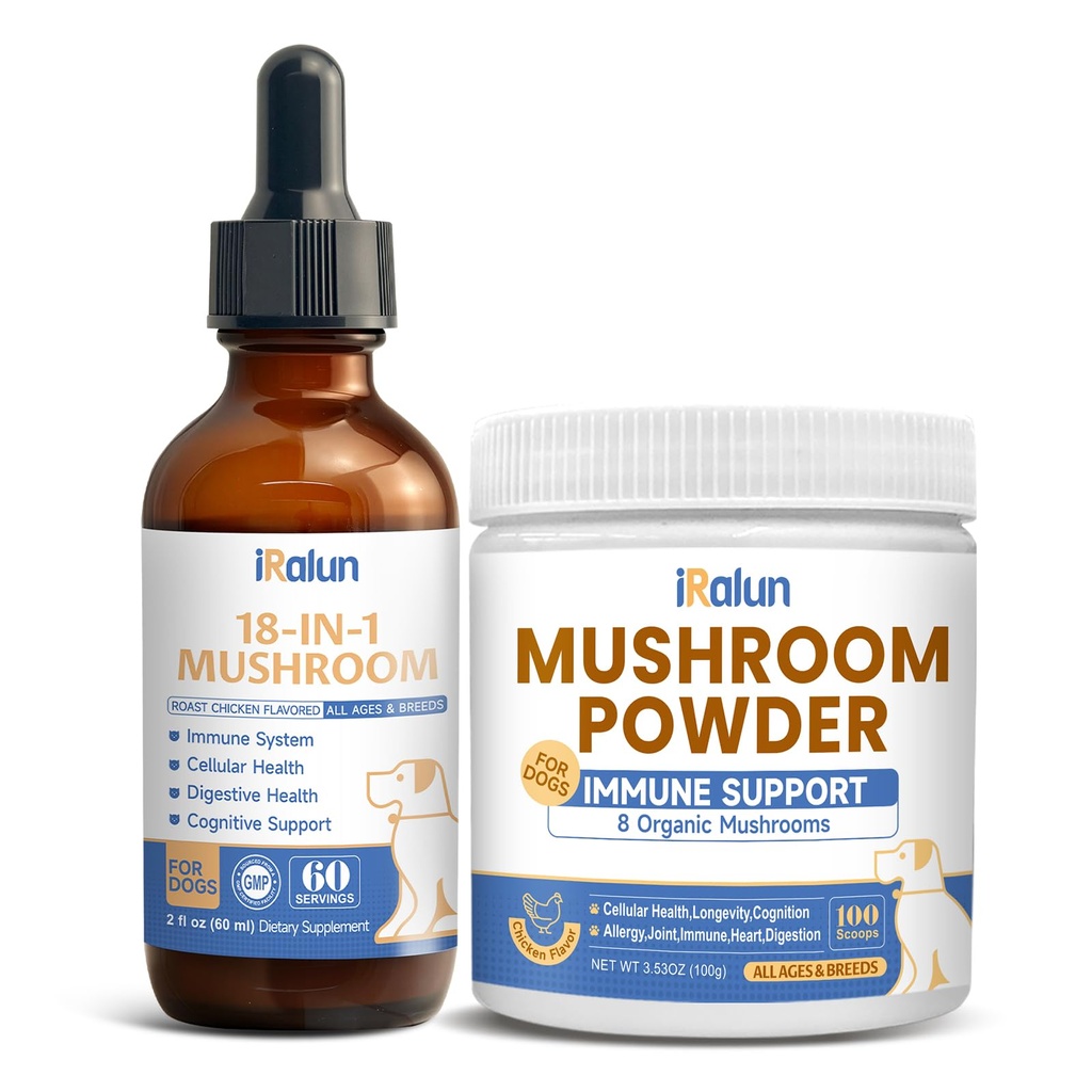 Daily Mushroom Wellness Duo: 18-in-1 Liquid Drops + 8-in-1 Powder for Dogs | Immune Support, Joint Health & Shiny Coat | Savory Chicken Flavor | All-Natural Formula for All Breeds & Ages