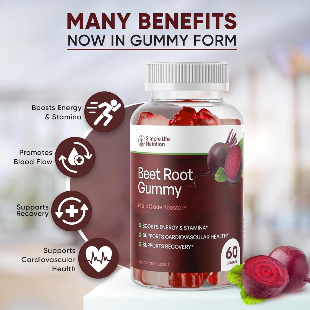 Organic Beet Root Gummies - Ενισχυτής νιτρικού οξειδίου για άνδρες και γυναίκες - Βιολογικά χωρίς γλουτένη GMO Vegan Beets - 60CT