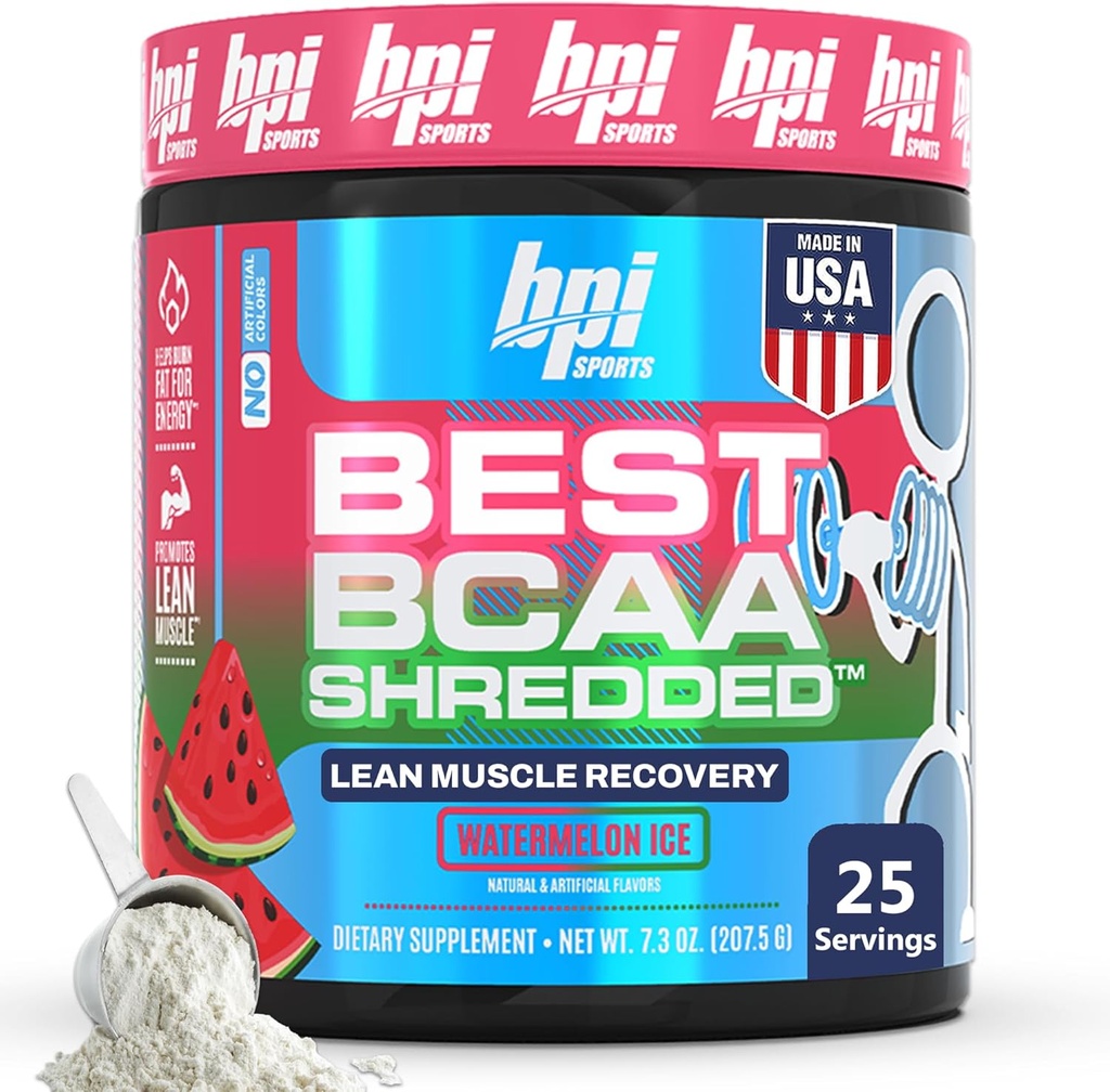 BPI Sports Best BCAA Shredded - Caffeine Δωρεάν Θερμογόνο Ποτό Ανάκτησης, Lean Μυϊκό Κτίριο BCAA Σκόνη για γυναίκες και άνδρες, Preworkout BCAAs Amino Acids Ποτό- Watermelon ICE - 25 Υπηρεσίες