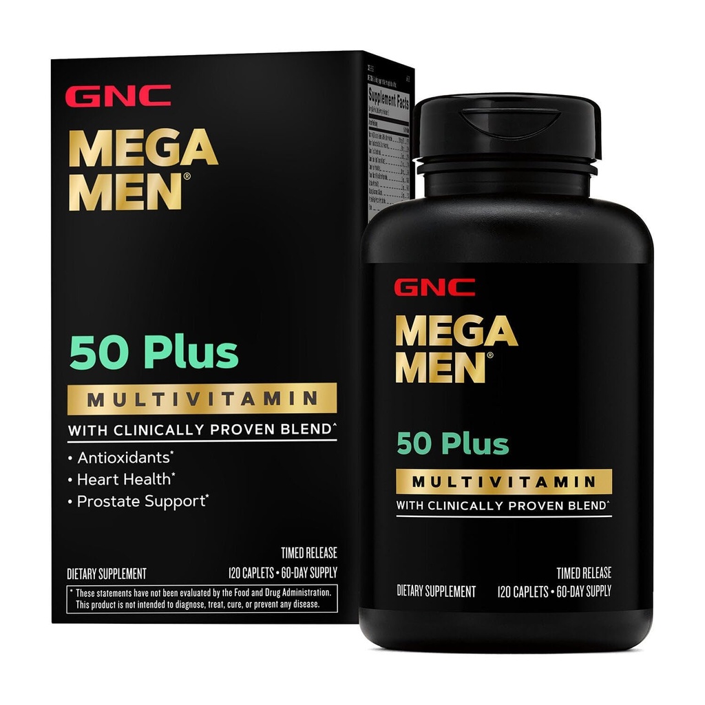 GNC Mega Erkekler 50 Plus Multivitamin Caplets, Klinik olarak Proven, Heart & Prostate Health, B Vitamins, Saw Palmetto, Memory, Vitamin D-3, 120 sayı