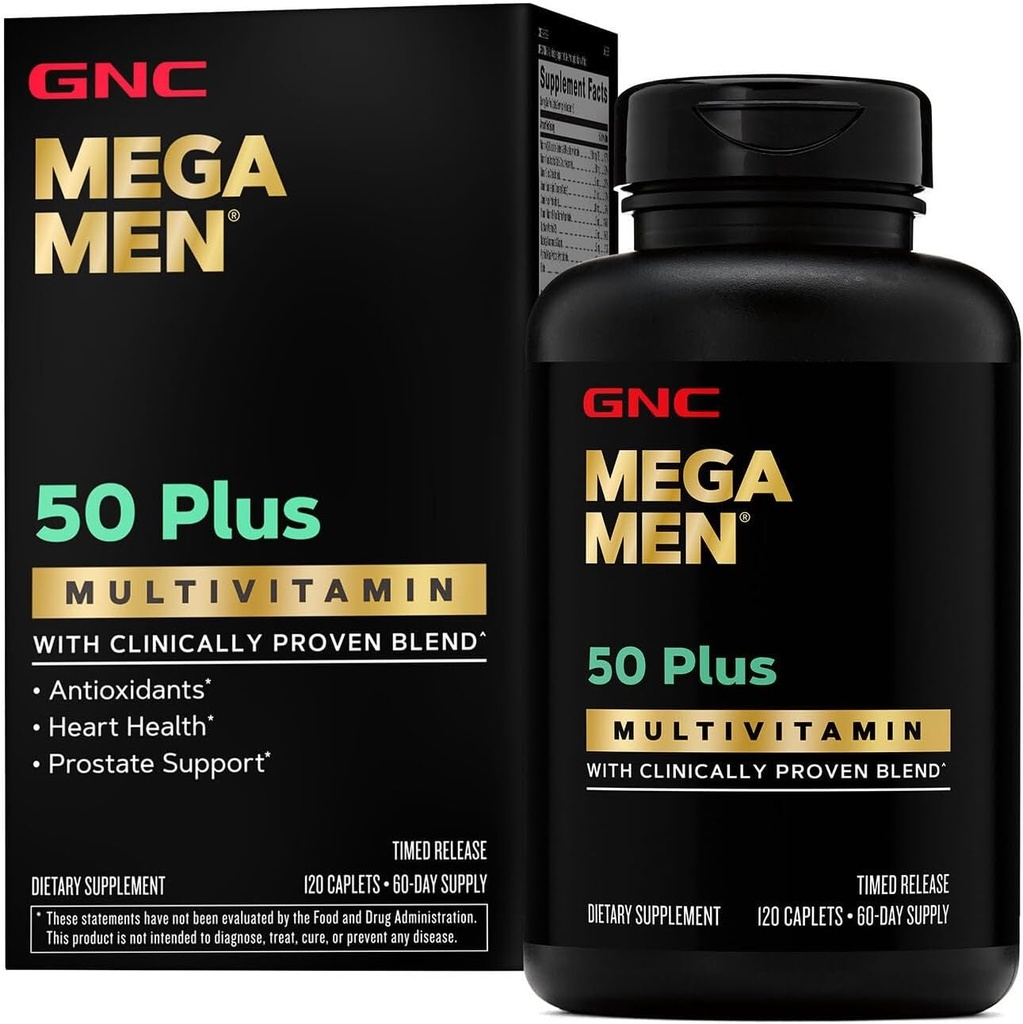 GNC Mega Erkekler 50 Plus Multivitamin Caplets, Klinik olarak Proven, Heart & Prostate Health, B Vitamins, Saw Palmetto, Memory, Vitamin D-3, 120 sayı