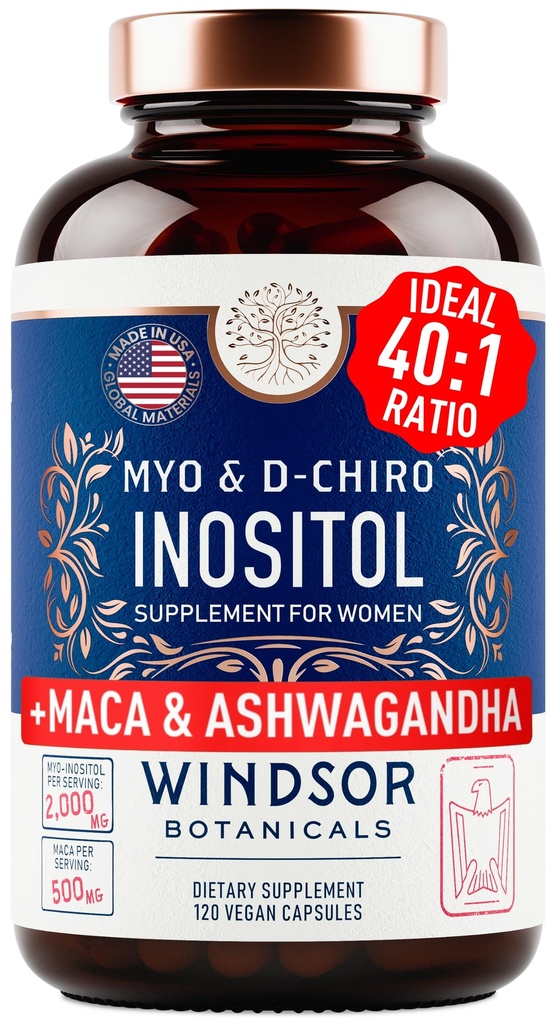 Συμπλήρωμα Myo και D-Chiro Ινοσιτόλη 40:1 Ratio - 2.000 mg Myo-Ινοσιτόλη συν Maca Root & Calming Ashwagandha - Υγιής υποστήριξη των ωοθηκών Βιταμίνες και συμπληρώματα γονιμότητας για τις γυναίκες - 120 κάψουλες Vegan