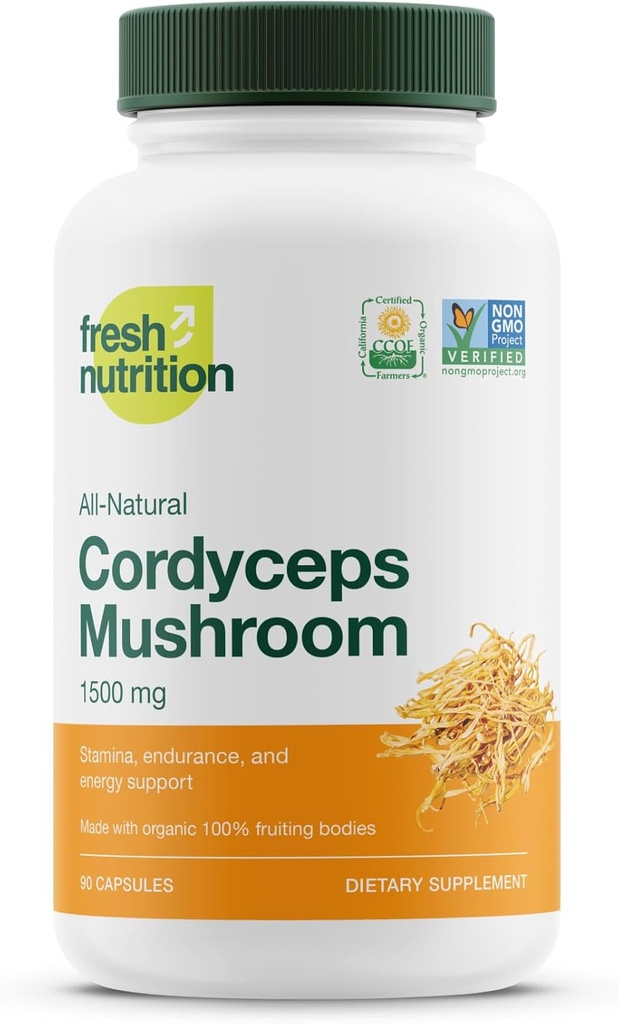 Organik Cordyceps Capsules (Cordyceps Sinensis Mushroom Extract)- 1500 mg Per Servis - Enerji ve Stamina Destek - Alfa Glucan'da Zengin - Vegan, GMO, Gluten-Free - 90 Capsules