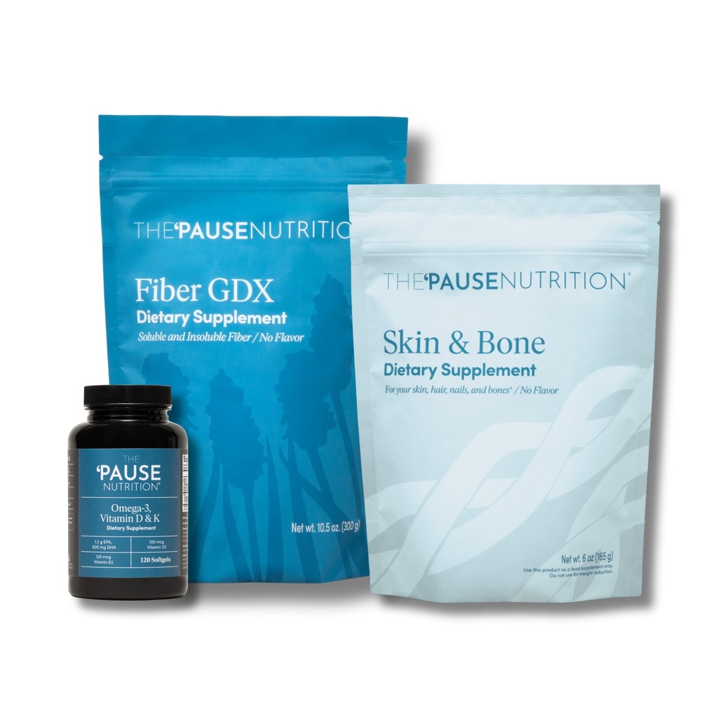 The 'Pause Life Wellness Bundle, Skin and Bone Collagen Peptides with Hyaluronic Acid, Omega 3 with Vitamins D3 and K2, and Fiber GDX Plant Based Fiber Blend, Gluten Free, Daily Wellness Supplements