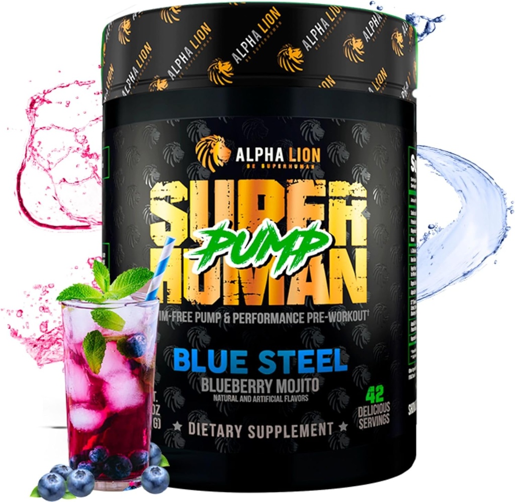ALPHA LION Superhuman Pump Pre Workout Toz, Nootropic Caffeine & Stim Free Preworkout Supplement, Nitrik Oksit, Kas Winer, Enerji & Focus (42 Hizmetler, Blueberry Steel Flavor)