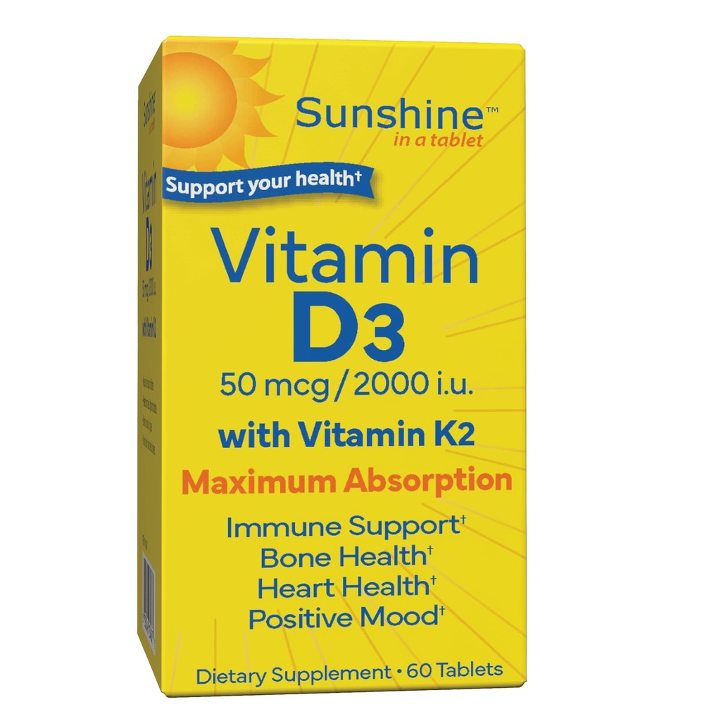 Sunshine Vitamin D3 with Vitamin K2, D3 2000 IU with K2 100 mcg for Healthy Muscle Function, Bone Health and Immune Support, Vitamin D3 K2, 60 Tablets