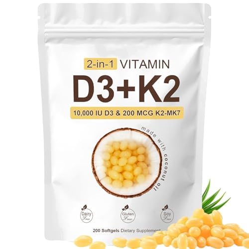 Vitamin D3 K2 10000 IU, 200 Virgin Coconut Oil Softgels, 2 in 1 Vitamins Supplement D & K (Include MK7), Easy to Swallow, Supports Calcium Absorption, Bone Health (1pc)
