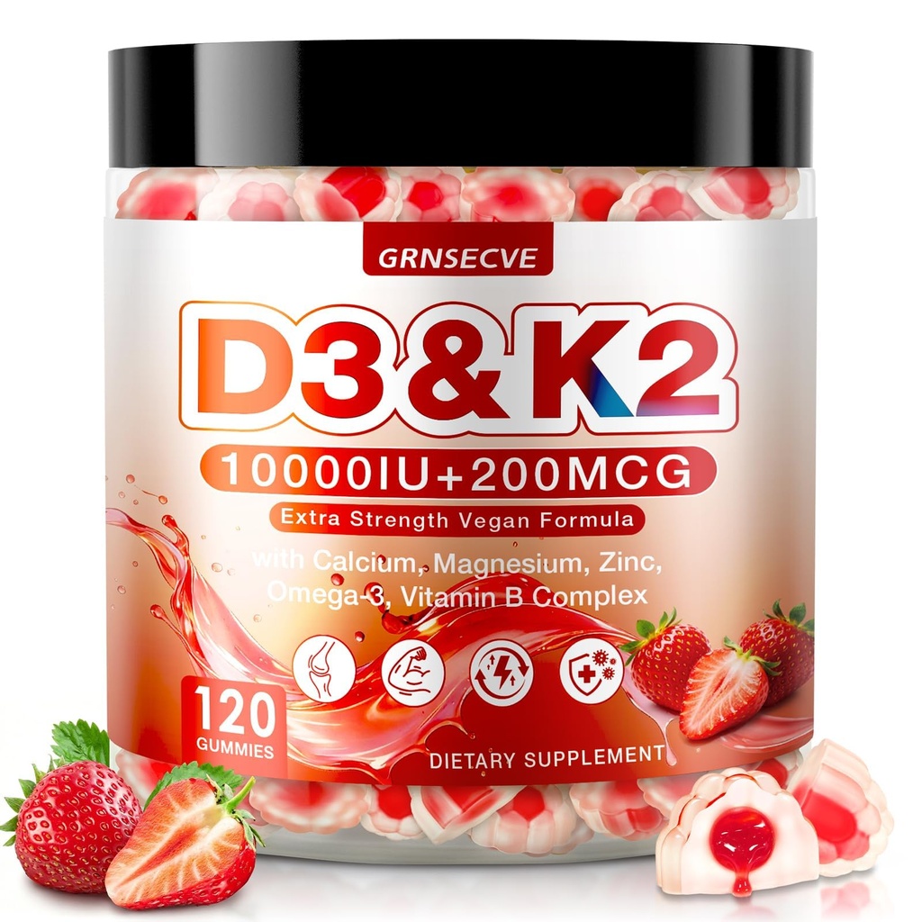 Vitamin D3 K2 Gummies - Vitamin D3 10000 IU & K2 (MK-7) 200 mcg - Vegan K2 D3 Vitamin Supplement w/Magnesium - Supports Bones, Muscle, Calcium Absorption, and Immune Health | 120 Count, Sugar Free
