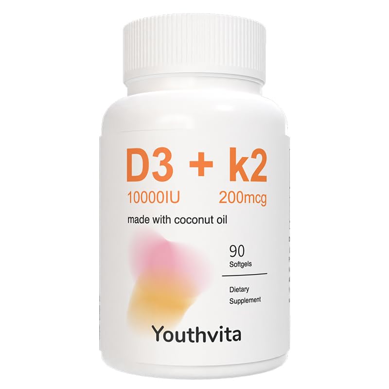 Vitamin D3 K2 Supplement Softgel with Coconut Oil, D3 10000 IU K2 200 mcg, Supports Calcium Absorption, Bone, Immune, & Heart Health 90 softgels
