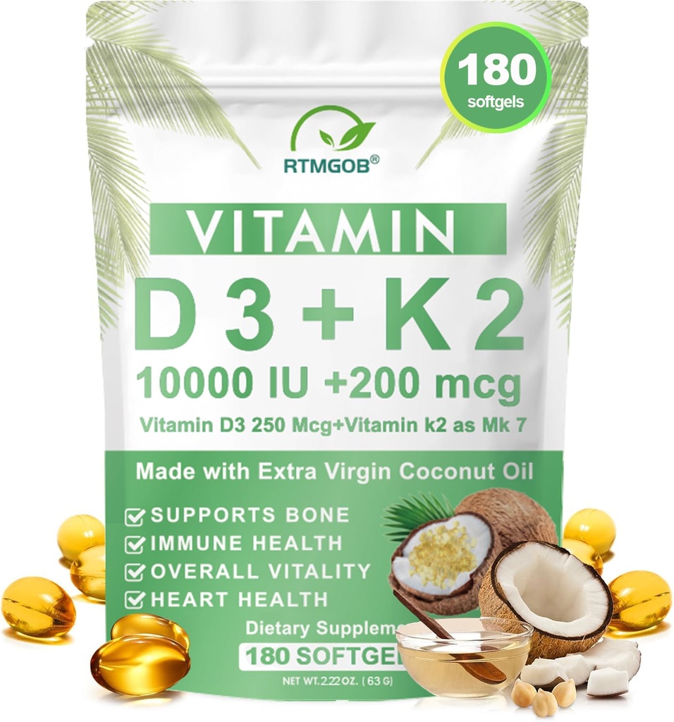 Vitamin D3 K2 Supplement,Vitamin D3 10,000 IU + K2 MK-7 200 mcg Virgin Coconut Oil Softgels,Immune,Teeth & Bone Health Extra Strength,Non-GMO, Gluten Free-Easy to Swallow-180 Softgels