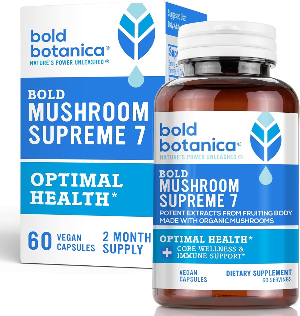 Bold Botanica Mushroom Supreme 7 – Mushroom Supplement – Türkiye Tail, Chaga, Phellinus, Reishi, Cordyceps, Maitake, Shiitake for Immune Support & Optimal Wellness, 60 Caps