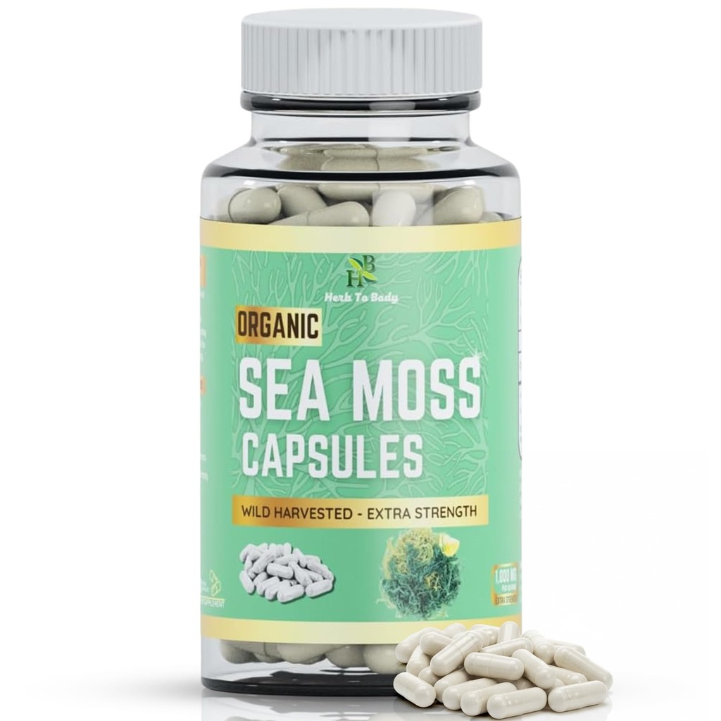Herb To Body Organic Sea Moss Capsules – 60 Vegan Capsules, Wildcrafted Irish Sea Moss for Daily Wellness Support, Herbal Blends, and Natural Preparations
