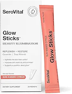 Serovital Glow Sticks Sugar-Free Toz İçecek Mix with Hyaluronic Acid Ceramids Electrolytes for Skin Hydration in 14 Days Sun-Kissed Citrus Flavor 28 Packets
